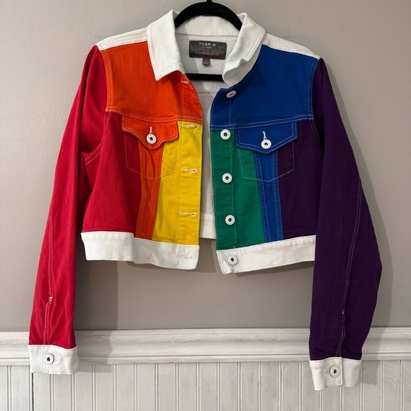 Torrid Jackets & Blazers - “SOLD” Torrid Always Proud White Denim Jacket Cropped  Rainbow Color Block